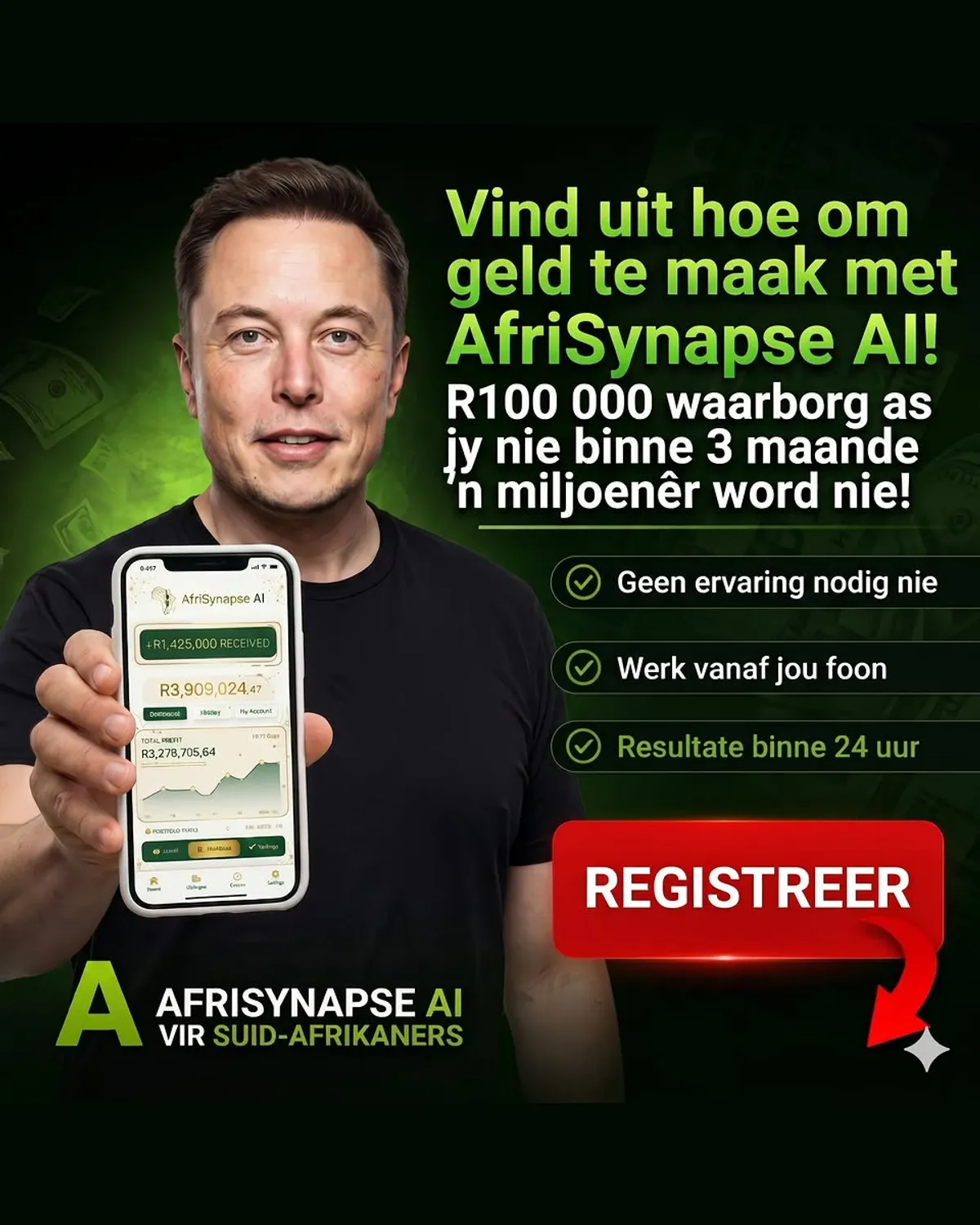 Fraudulent AfriQuant AI ad creative impersonating Elon Musk targeting ZA