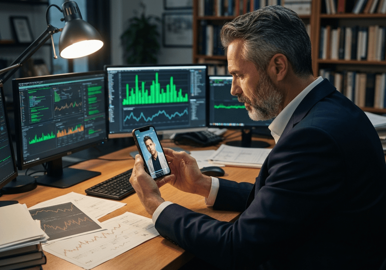 Investigator examining deepfake video of celebrity on smartphone at cluttered investigative desk