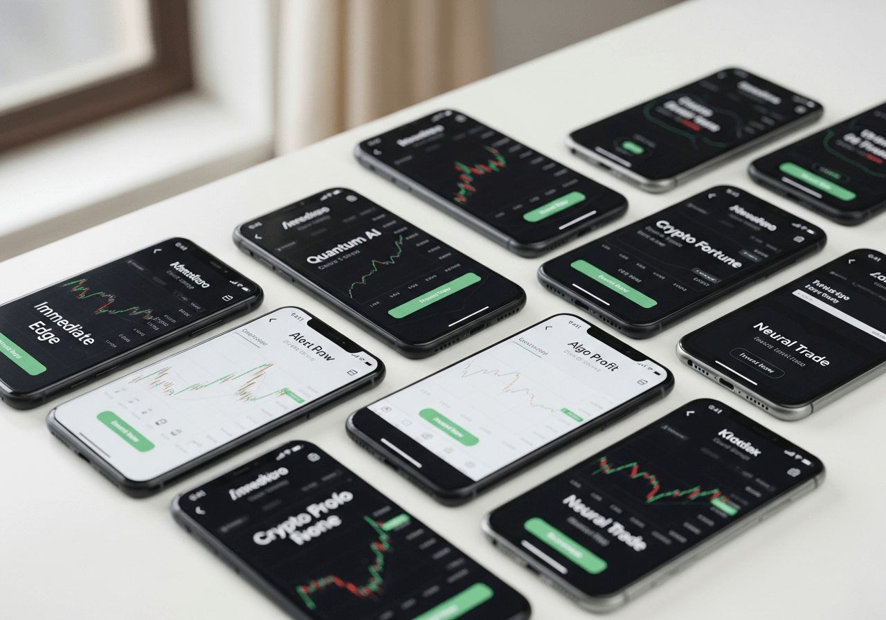 Multiple smartphone screens showing identical fake trading bot app designs with different branded names