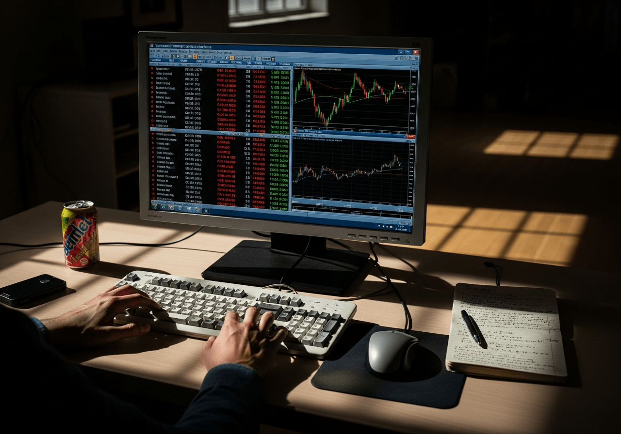 Scammer's workspace with fake trading bot backend interface displayed on computer monitor