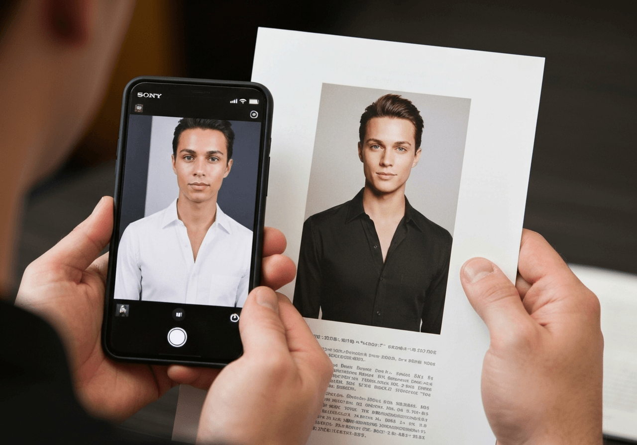 Comparison of deepfake celebrity image next to original photo on investigator's desk
