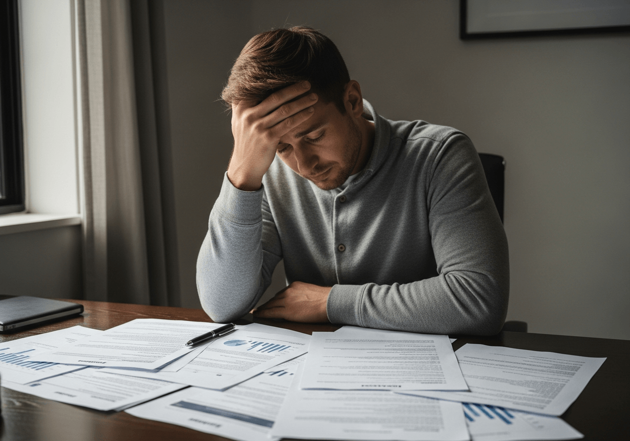 Frustrated person reviewing recovery emails and financial documents at home office desk