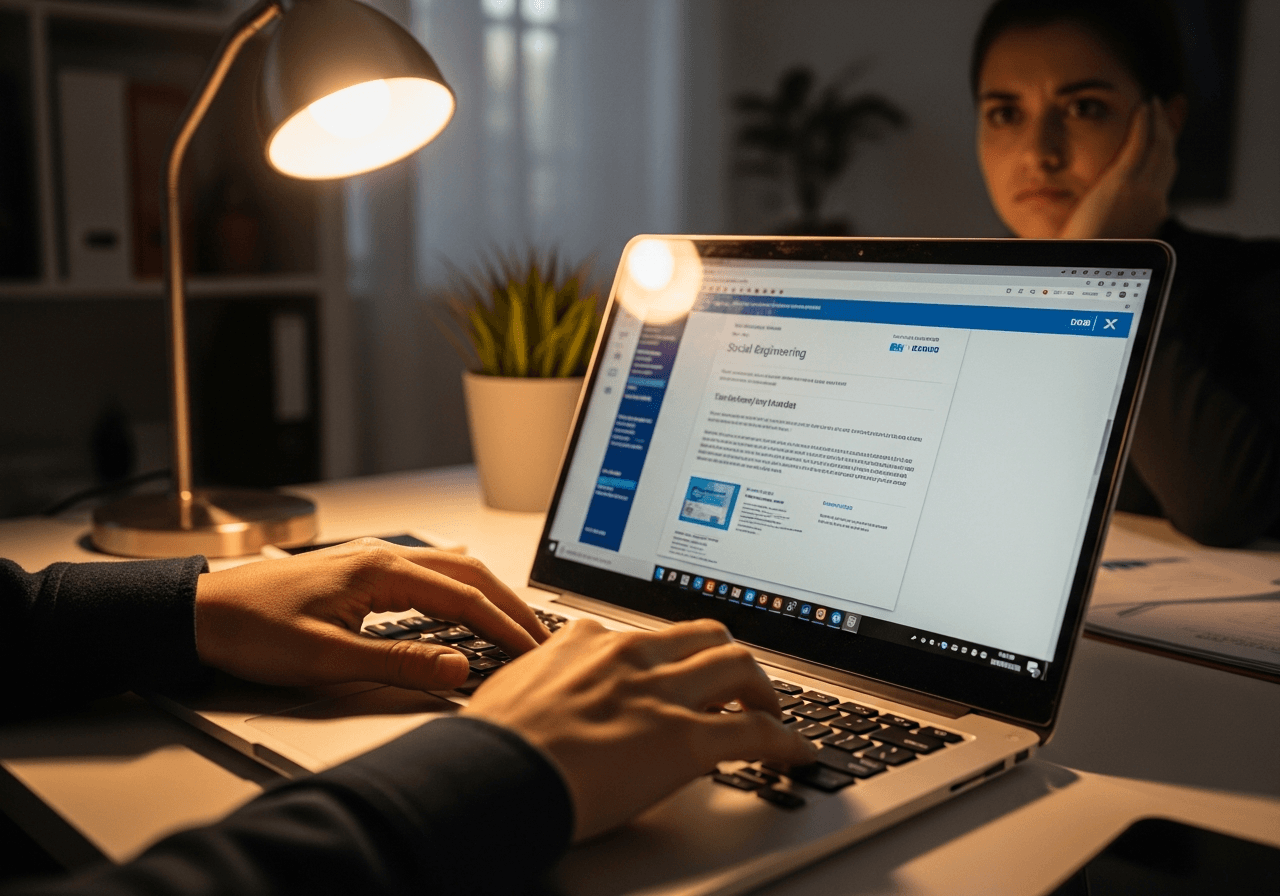 Hands typing on laptop displaying suspicious phishing email with fake company logos