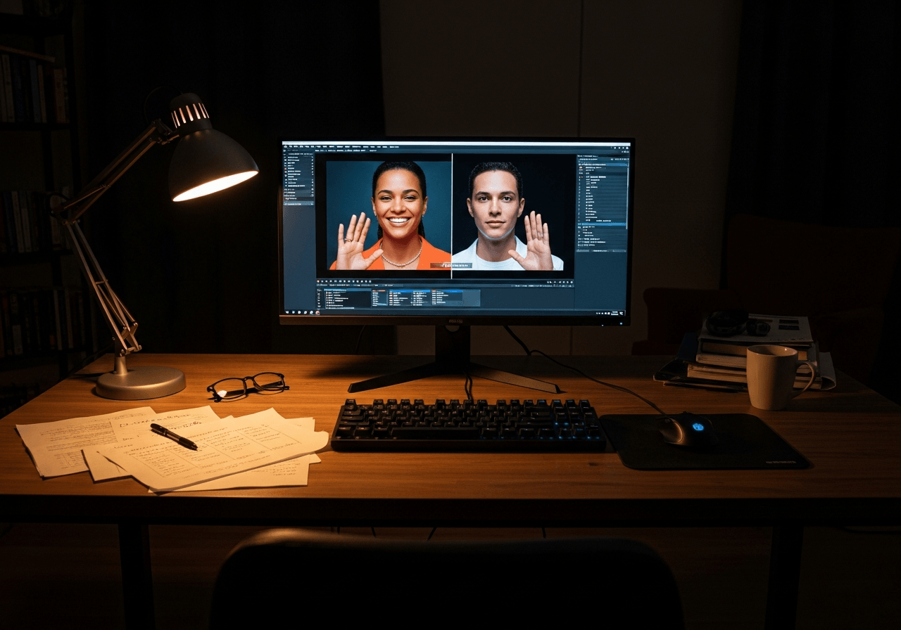 Split-screen comparison of authentic and deepfake celebrity cryptocurrency promotional videos on monitor