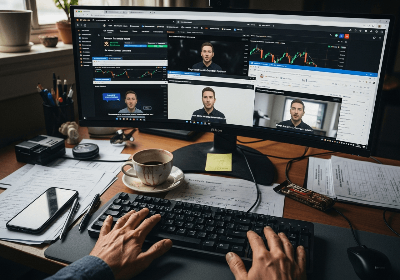 Hands typing on keyboard with multiple cryptocurrency exchange websites and fake endorsement videos open