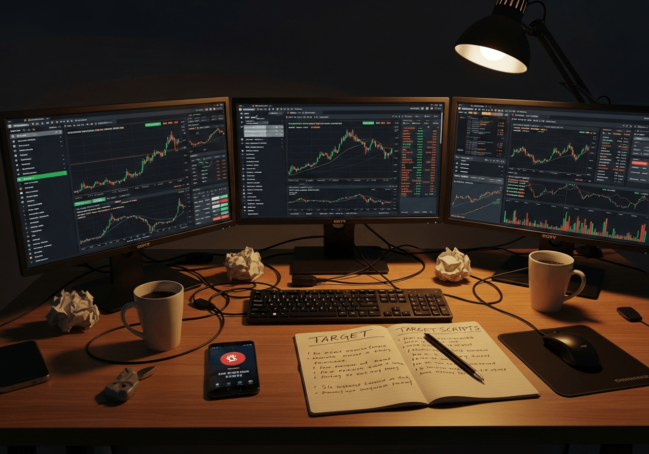 Scammer's cluttered desk with multiple monitors showing cryptocurrency wallet information