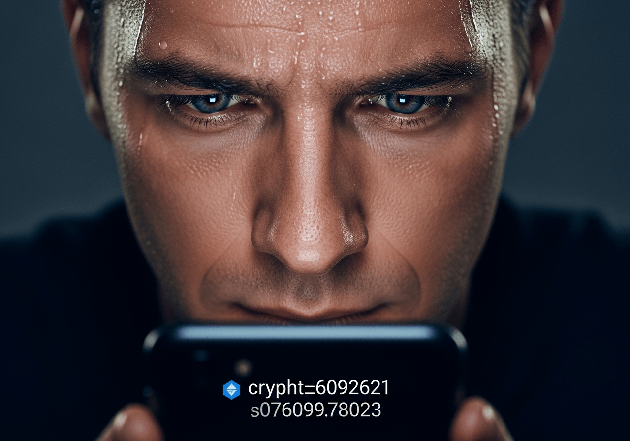 Man stressed and focused on smartphone displaying suspicious crypto wallet address