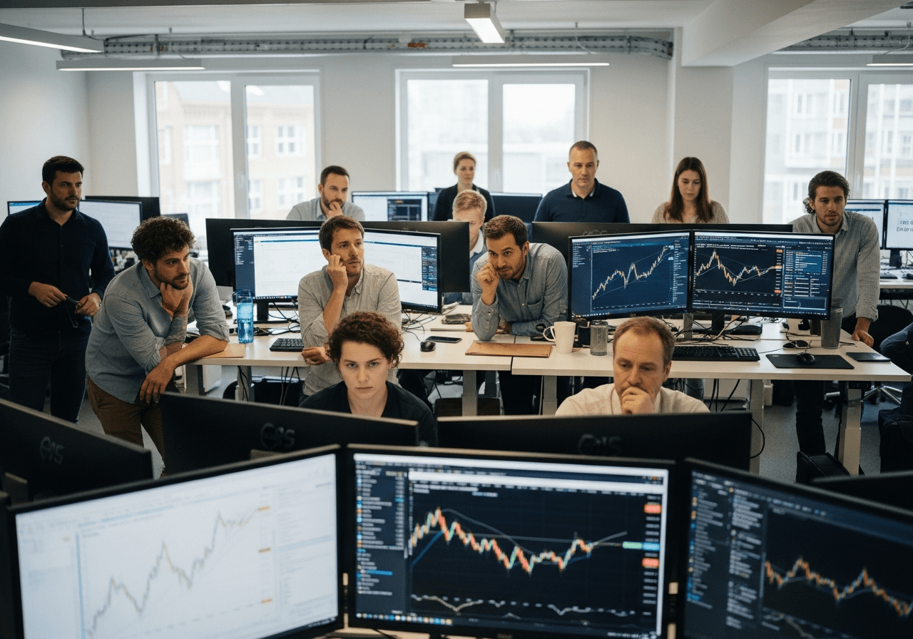 Cryptocurrency office workers examining computer monitors with concerned expressions about job security