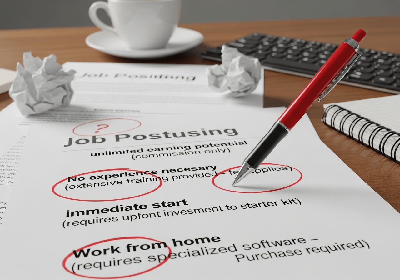 Printed job posting with red pen circling red flags and warning signs at cluttered desk