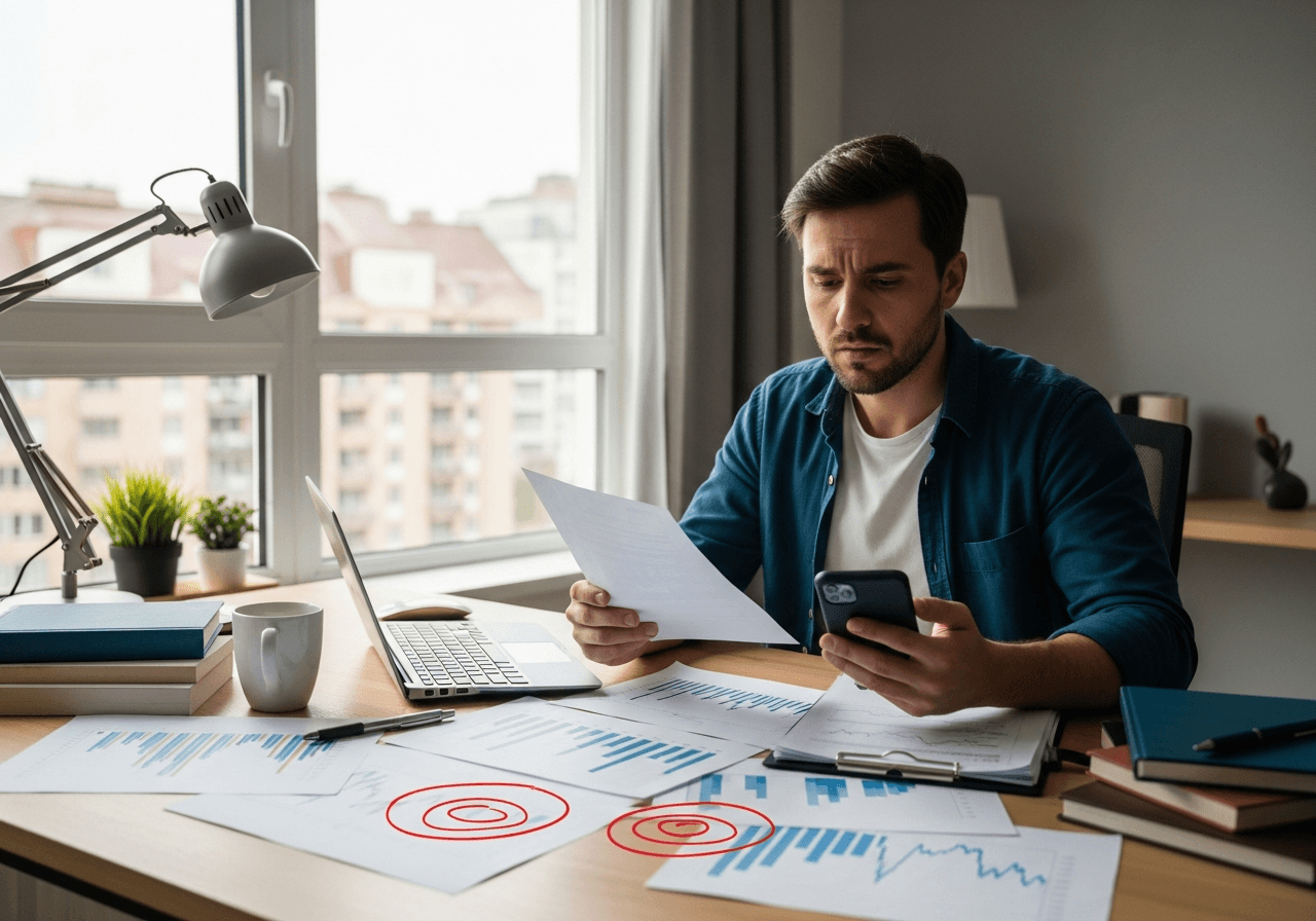Person reviewing crypto investment documents at home office with concerned expression visible