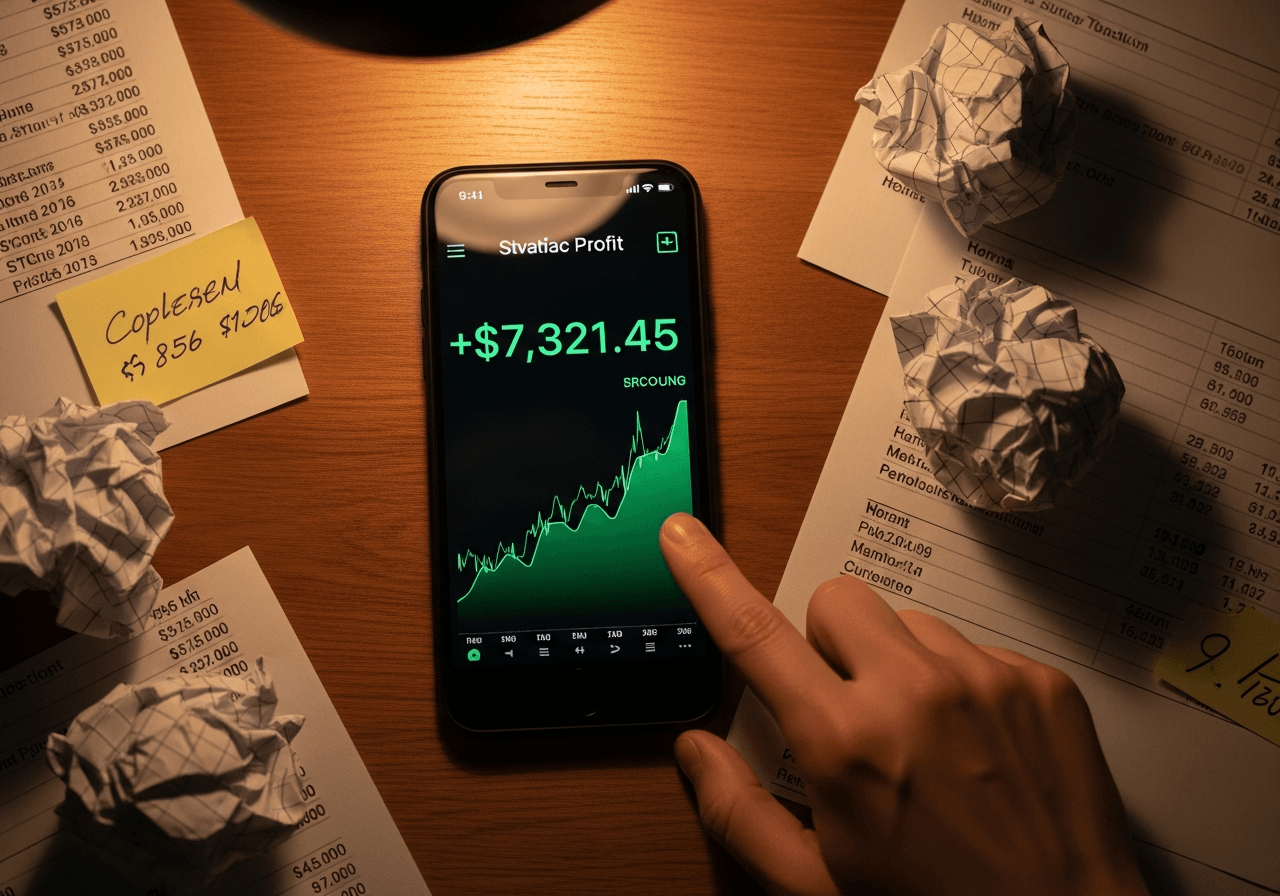 Smartphone screen showing fake cryptocurrency wallet with fabricated profit numbers displayed