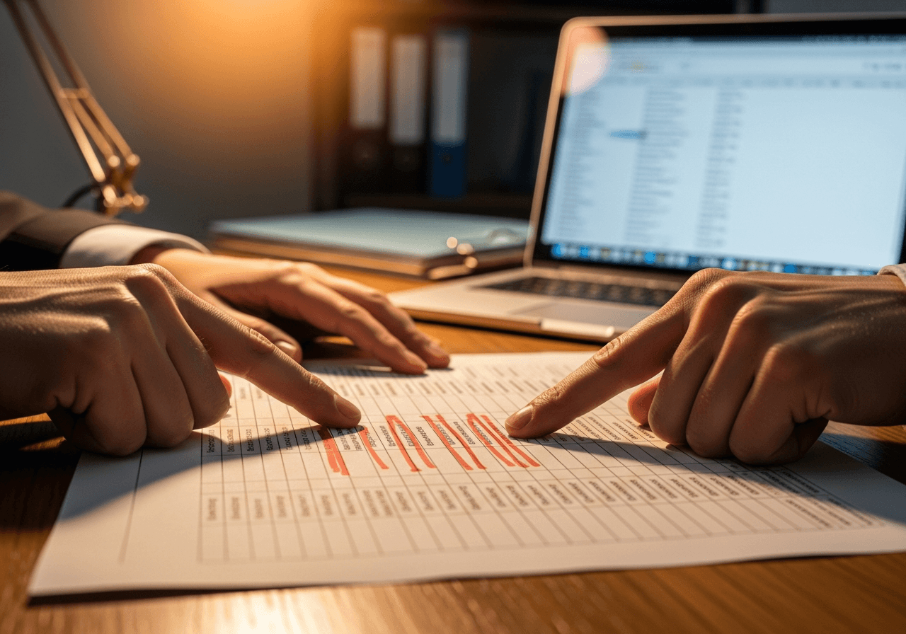 Database analyst reviewing flagged cryptocurrency exchanges and transaction records on spreadsheet