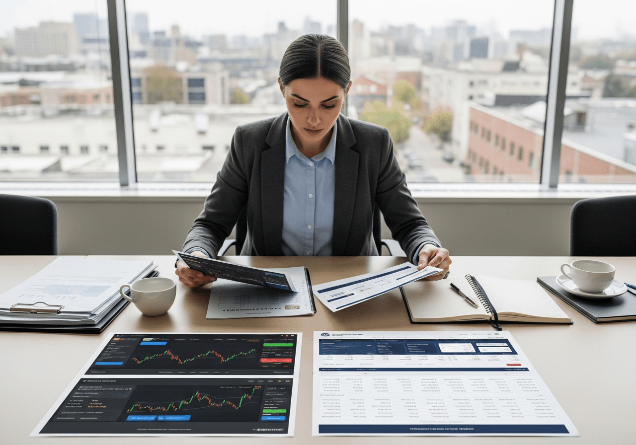 Compliance officer comparing screenshots of fake and legitimate cryptocurrency trading platforms