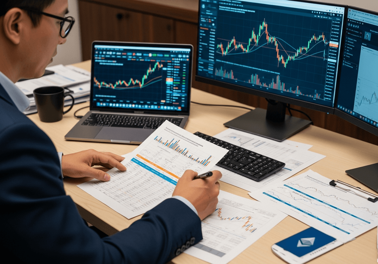 Financial advisor reviewing cryptocurrency market data and transaction records at desk