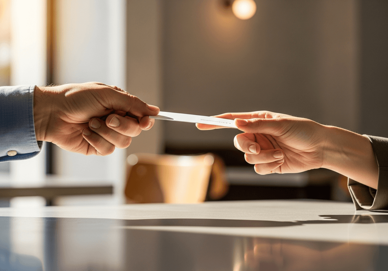 Two people exchanging business card with visible skepticism during meeting