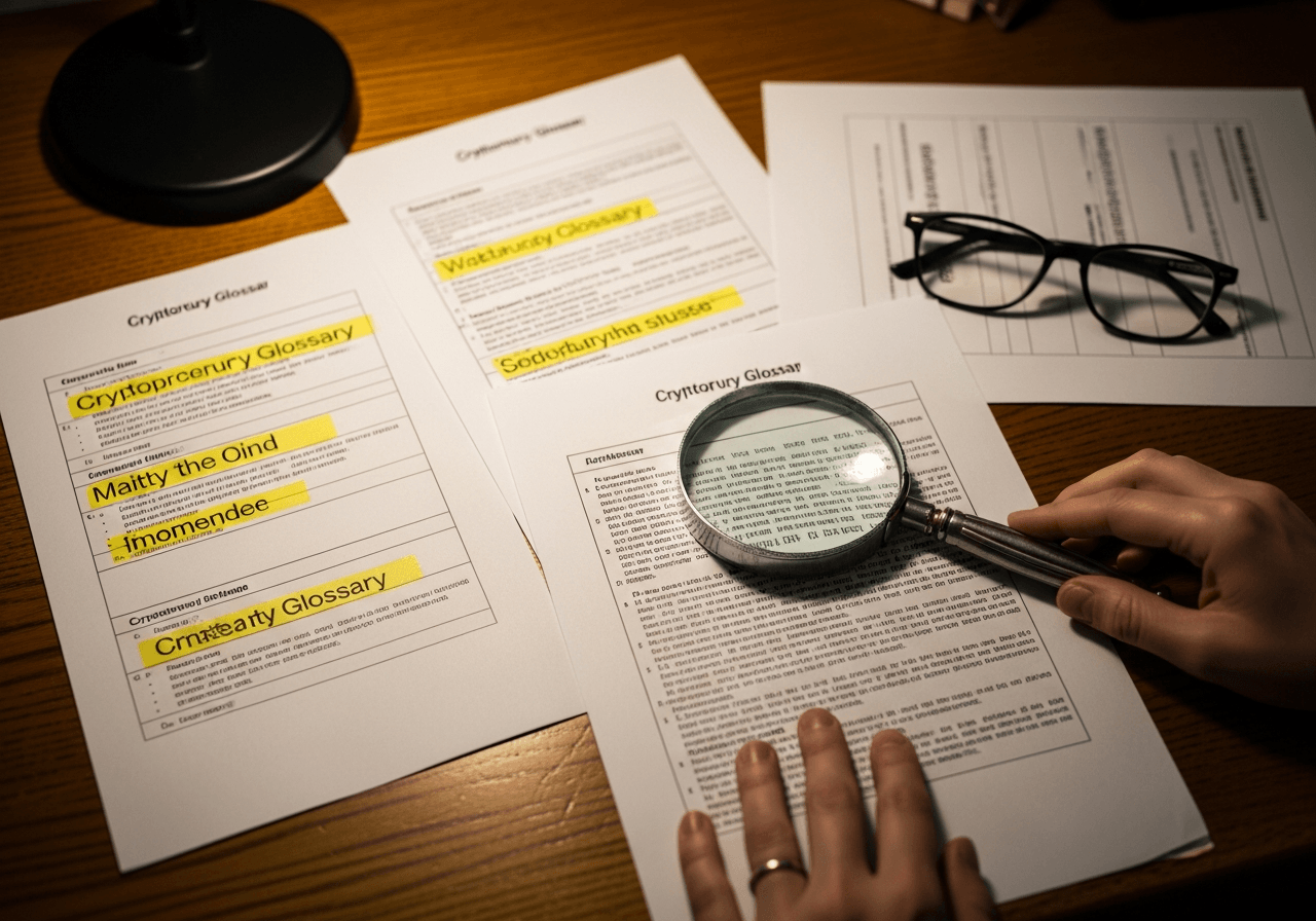 Hands analyzing cryptocurrency glossary and terms with magnifying glass on paper desk