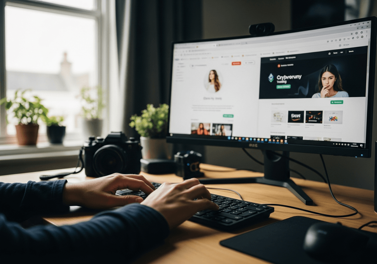 Hands typing on keyboard with fake crypto exchange tabs open on computer monitor