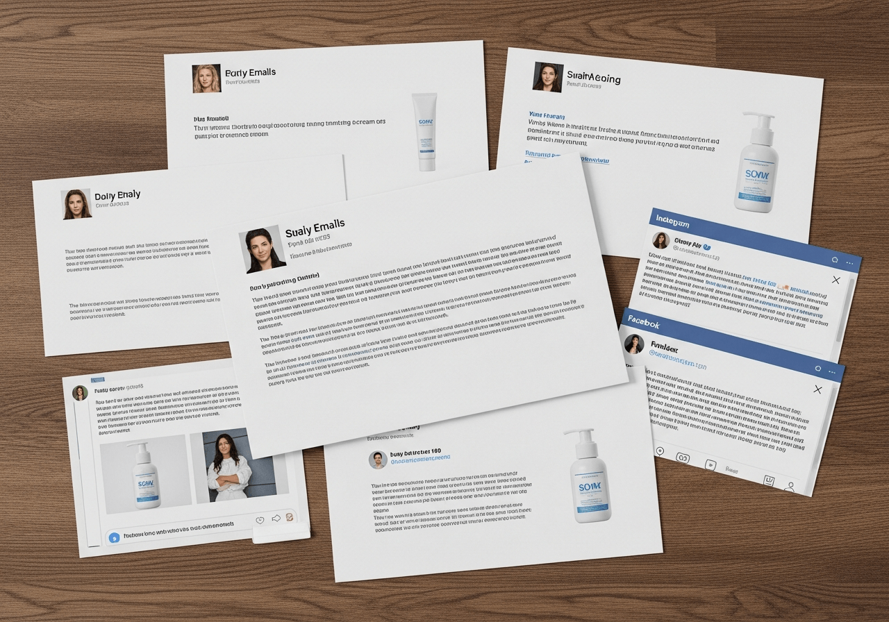 Scattered fake celebrity endorsement emails and social media printouts on desk