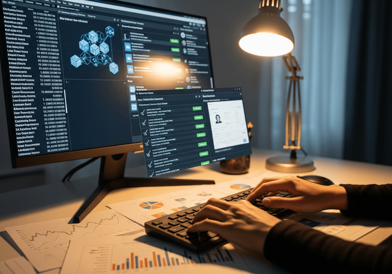 Researcher verifying cryptocurrency platform data on computer screen with documents