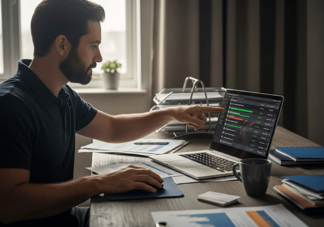 Investigator analyzing fraudulent cryptocurrency platform list on laptop display