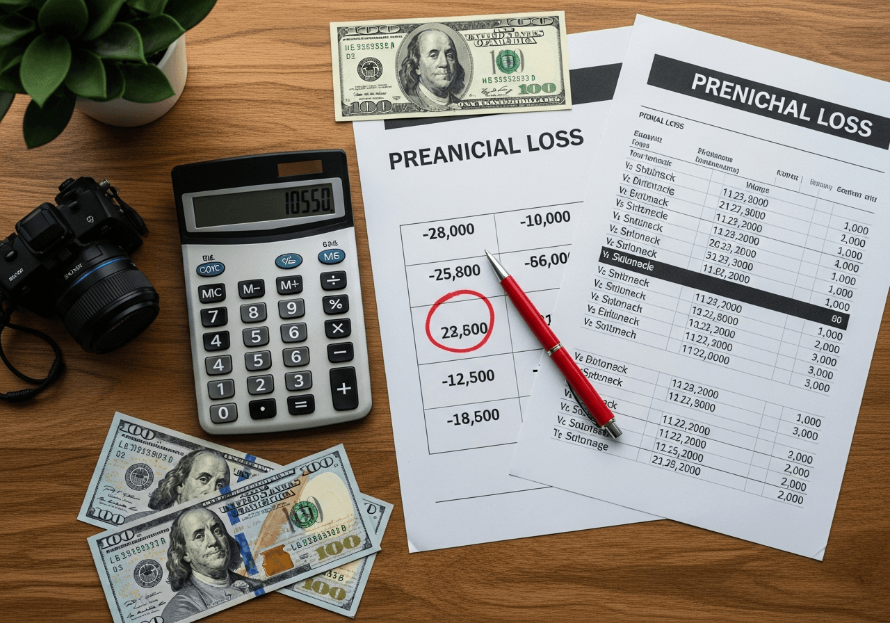 Financial loss calculations and cryptocurrency statements arranged on desk with calculator