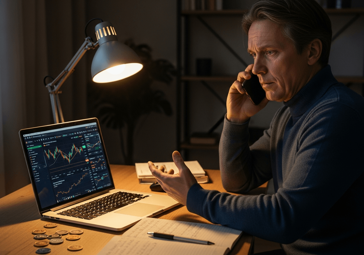Adult speaking on phone while reviewing suspicious cryptocurrency account activity