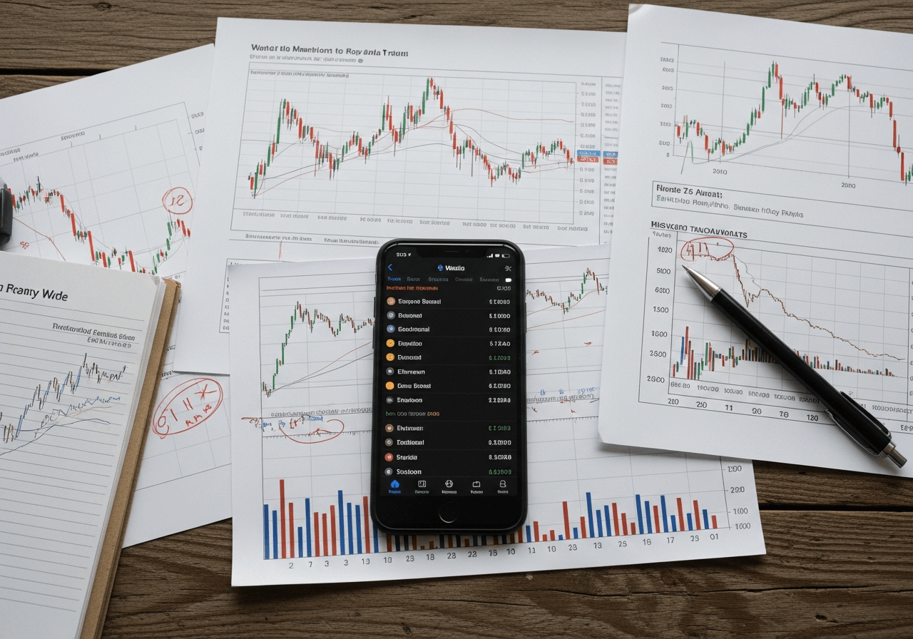 Overhead view of trading documents and smartphone showing cryptocurrency wallet transaction history on desk