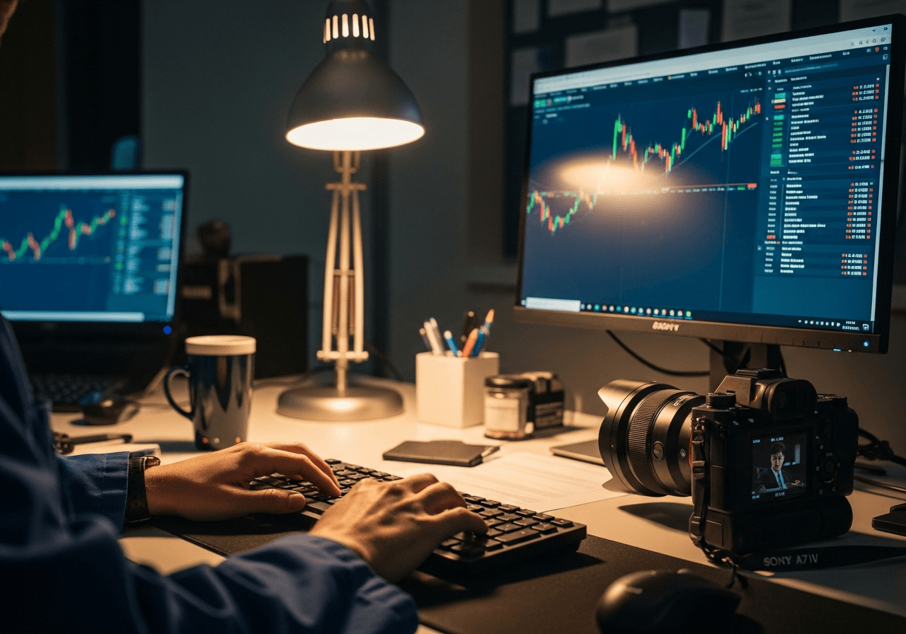 Hands typing on keyboard while monitoring multiple cryptocurrency trading platform login screens