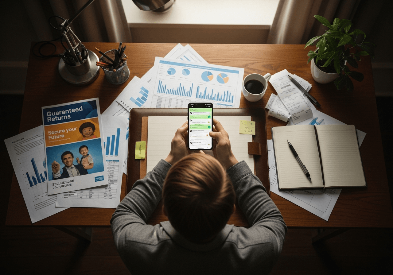 Person reviewing WhatsApp messages containing investment recruitment from unknown sender