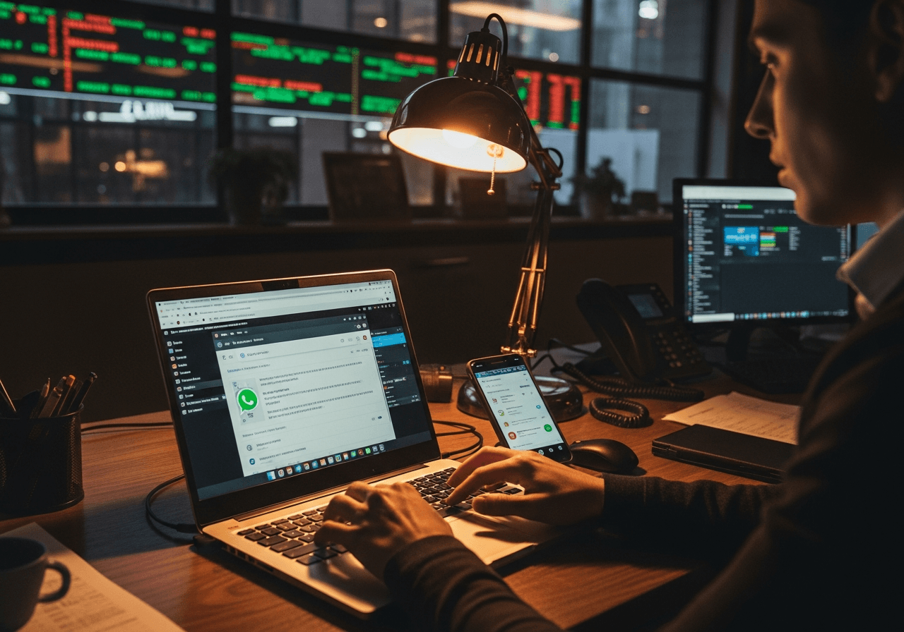 Hands typing on laptop while reviewing fake crypto trading signals on phone screen