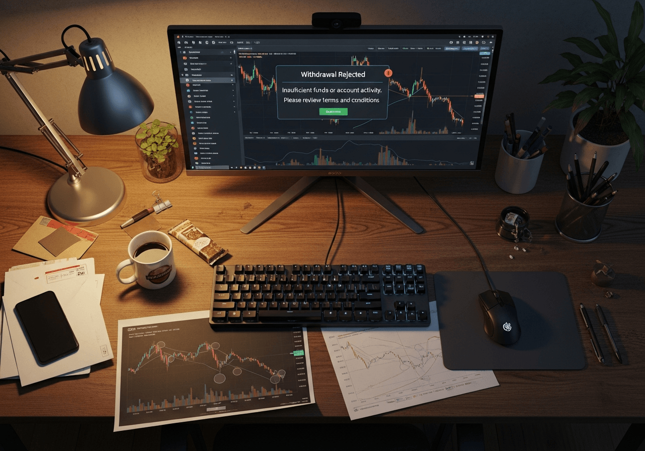 Scammer's computer screen displaying fake cryptocurrency broker withdrawal rejection interface