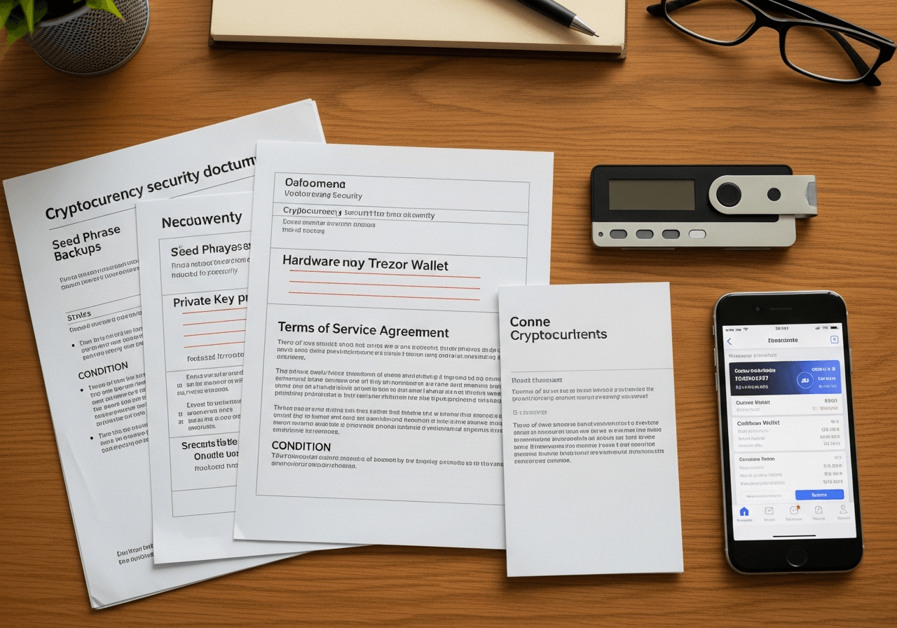 Cryptocurrency security items and wallet apps displayed together on wooden desk with morning light