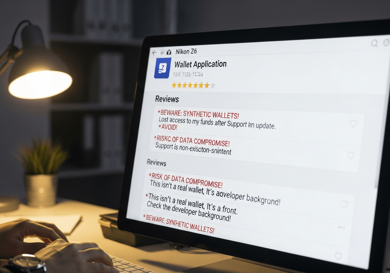 App store review section showing warning comments about fake wallet apps on computer screen
