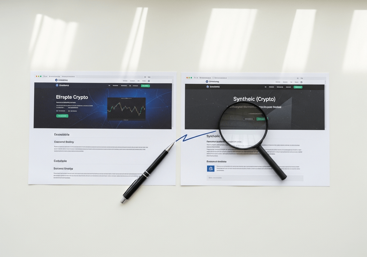 Magnifying glass comparing legitimate and fake cryptocurrency website layouts on desk