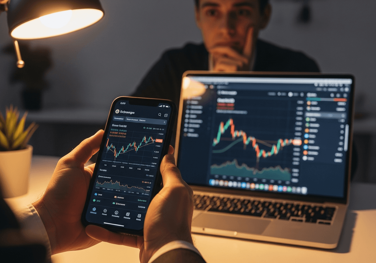 Hands holding smartphone and laptop showing identical fake exchange interfaces