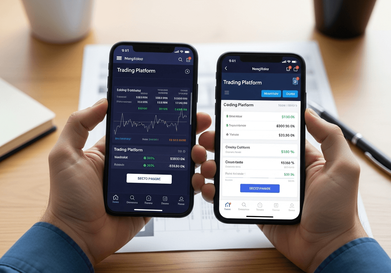 Two smartphone screens side-by-side comparing legitimate versus counterfeit trading platform interface layouts