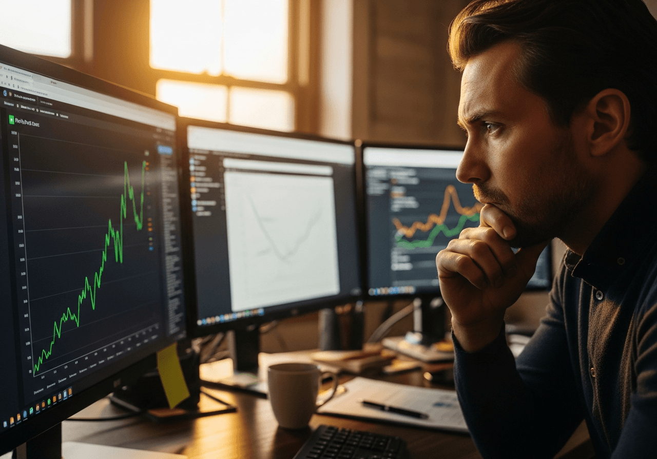 Person intently watching rising profit charts displayed on computer monitor with stressed expression