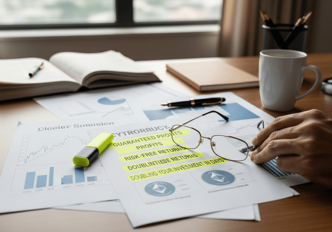 Financial advisor's desk with cryptocurrency charts and highlighted suspicious guaranteed profit language