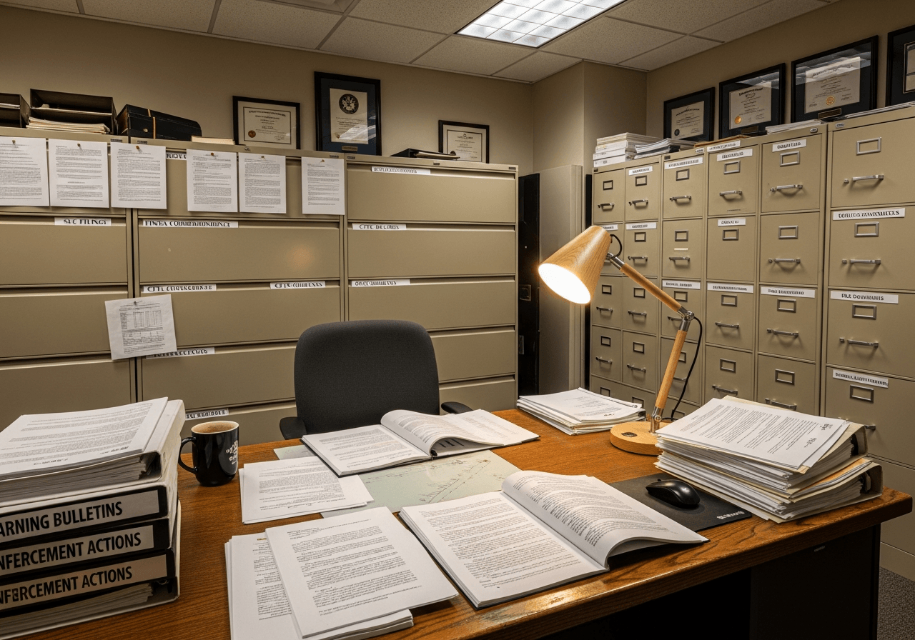 Regulatory compliance office filing cabinets with SEC and FINRA guidance documents displayed