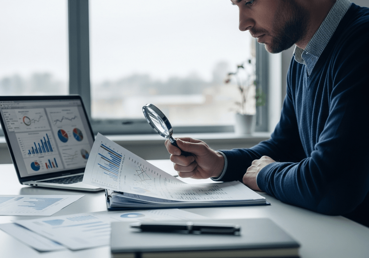 Investor reviewing research documents with magnifying glass at desk with laptop