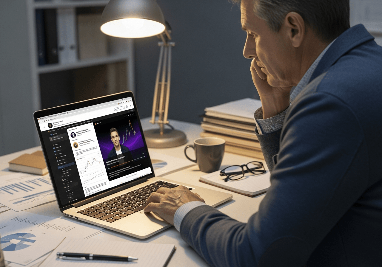 Investor viewing cryptocurrency endorsement video with concerned expression on smartphone