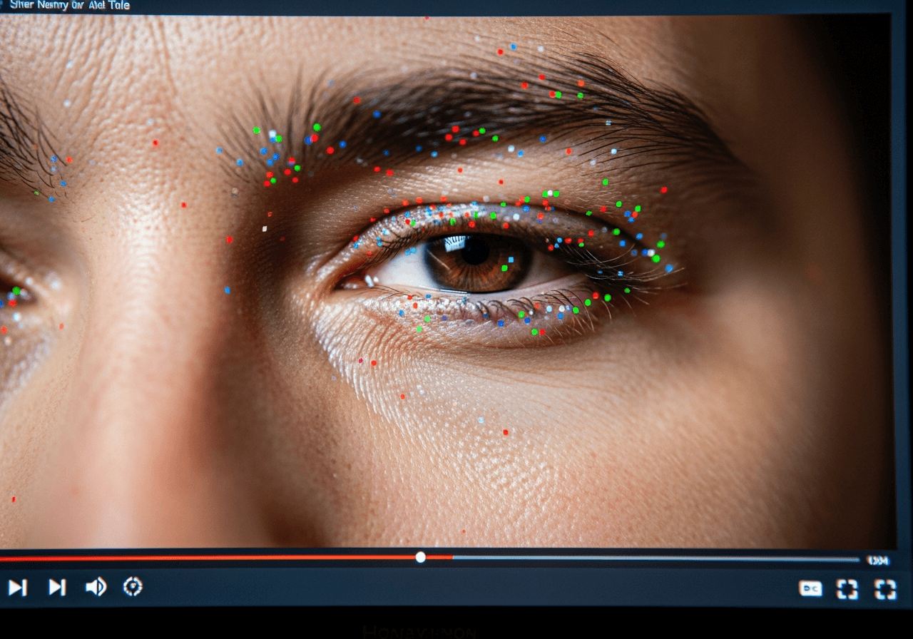 Close-up of video screen showing facial artifacts and misaligned eye movements in deepfake