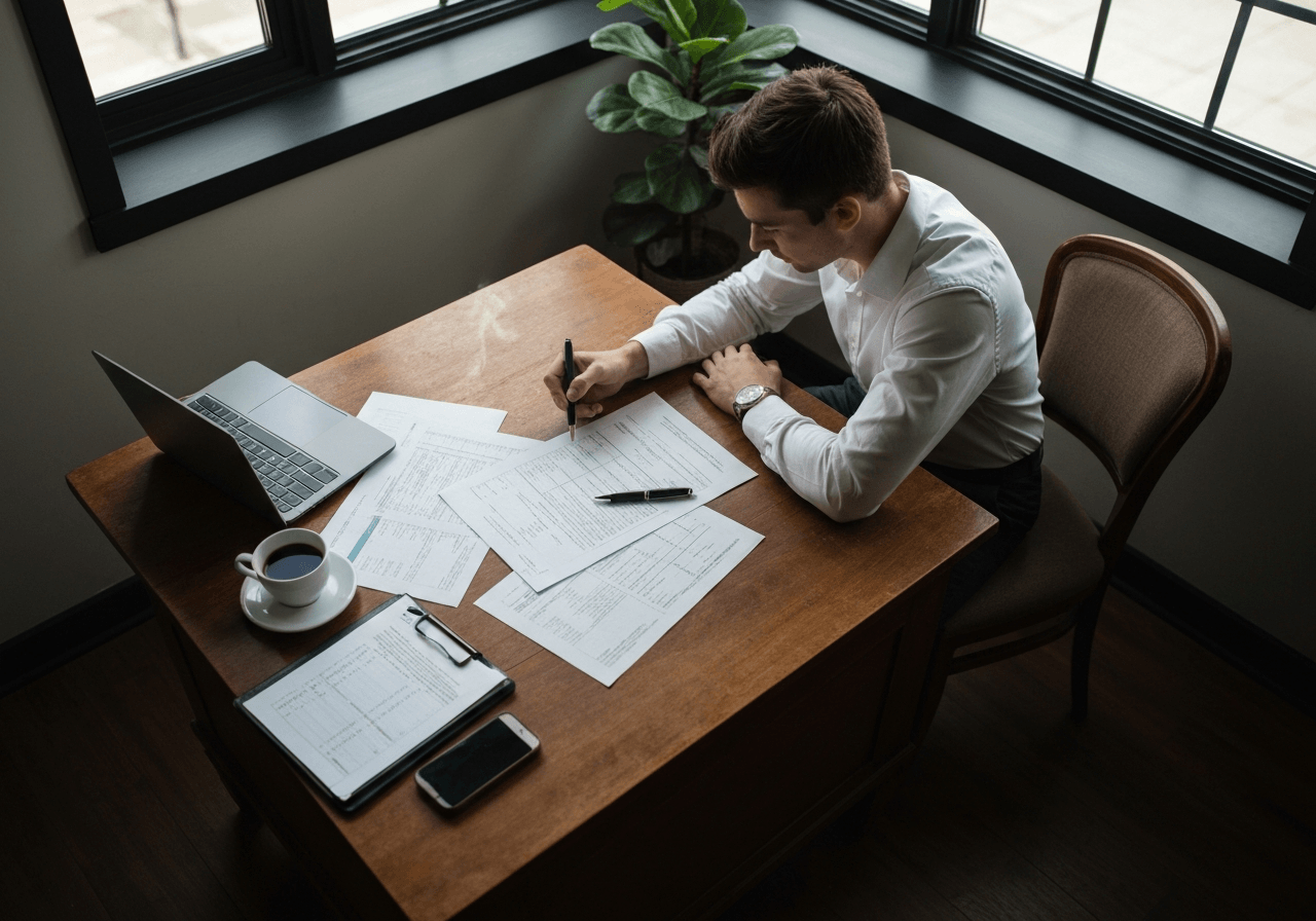 Person reviewing cryptocurrency transaction records and financial statements at desk with calculator