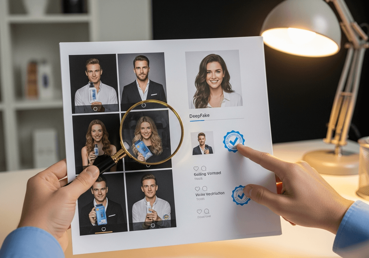 Hands comparing fake celebrity endorsements with legitimate verification badges using magnifier