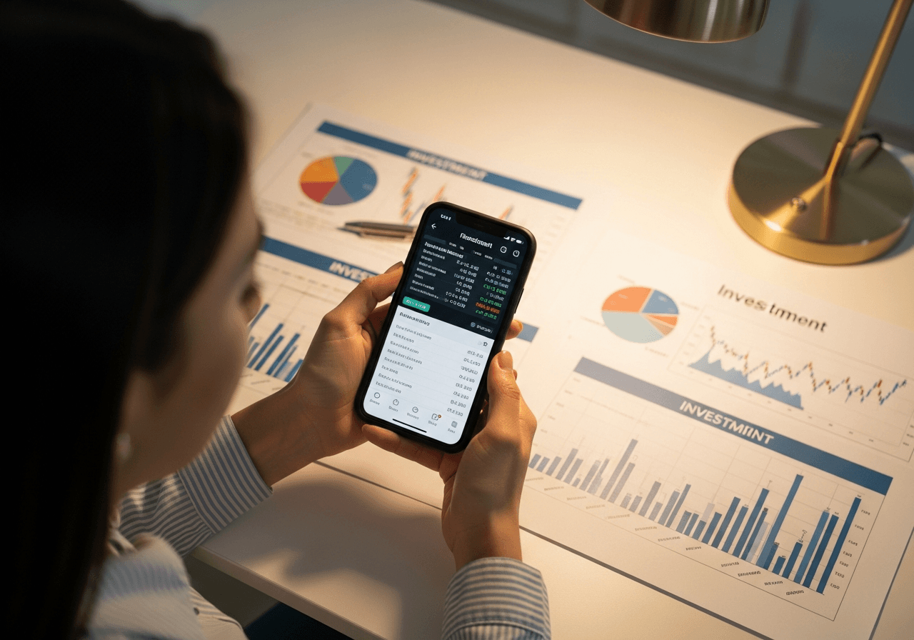 Woman reviewing financial app on smartphone with investment charts on desk, confused expression visible