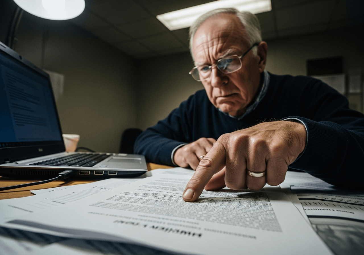 Older man carefully examining investment documents with skeptical focus, pointing at contract language