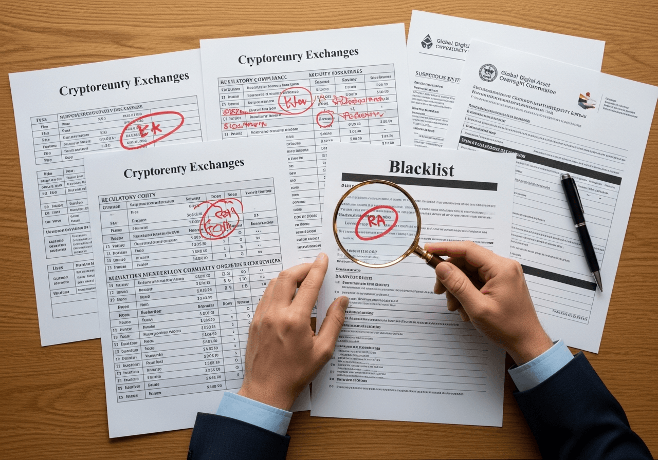 Investigative journalist examining blacklisted cryptocurrency exchanges with magnifying glass and comparison charts