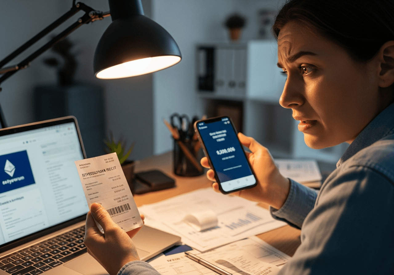 Concerned user discovering suspicious cryptocurrency transaction on computer and mobile device simultaneously