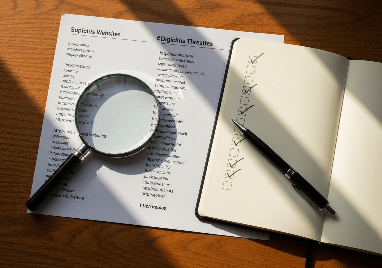 Printed list of fraudulent crypto platforms examined with magnifying glass on work desk