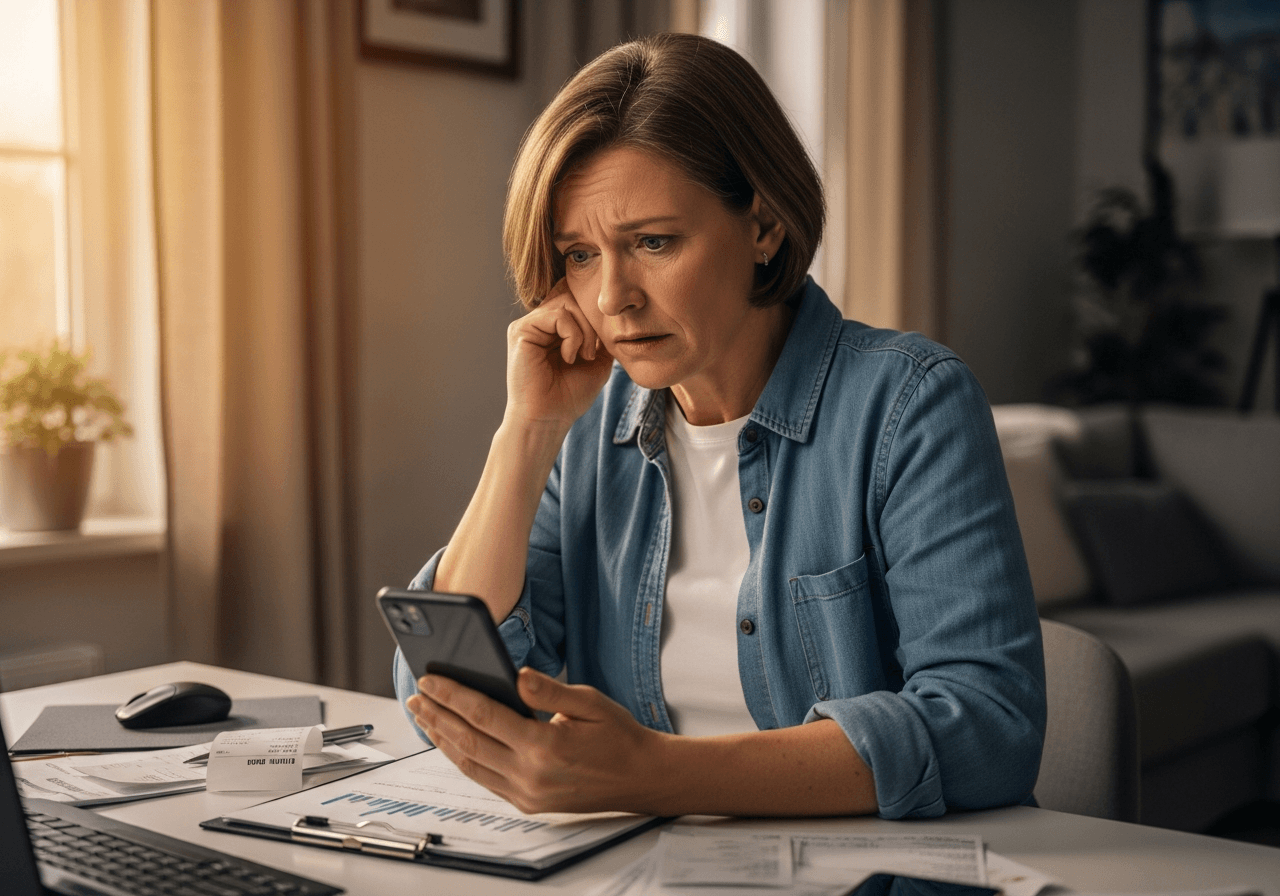 Concerned person reading suspicious PayPal message on smartphone at home office desk